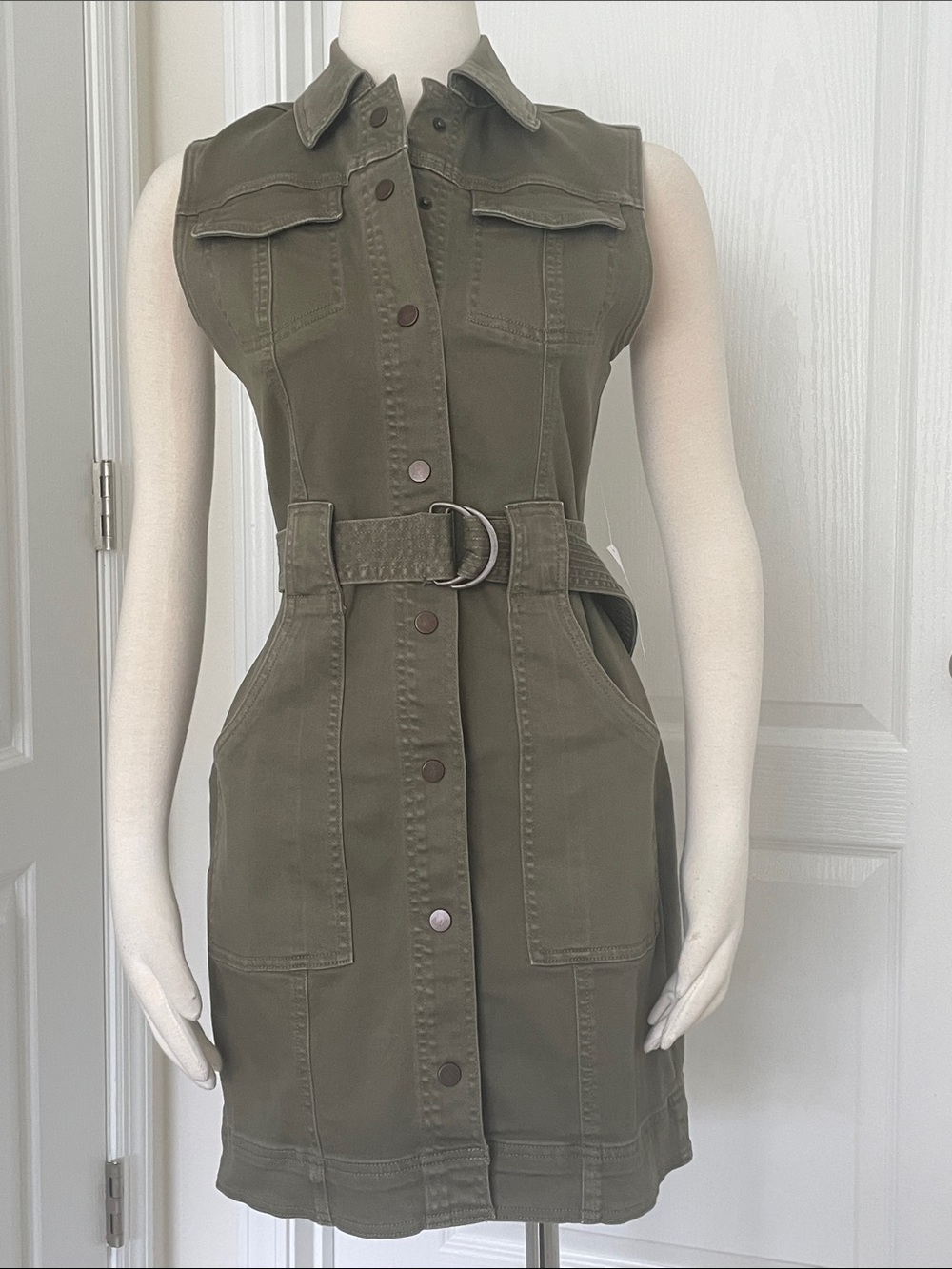 NWT VENUS Olive Green Sleeveless Utility Shirt Dress with Belt Stretchy 4